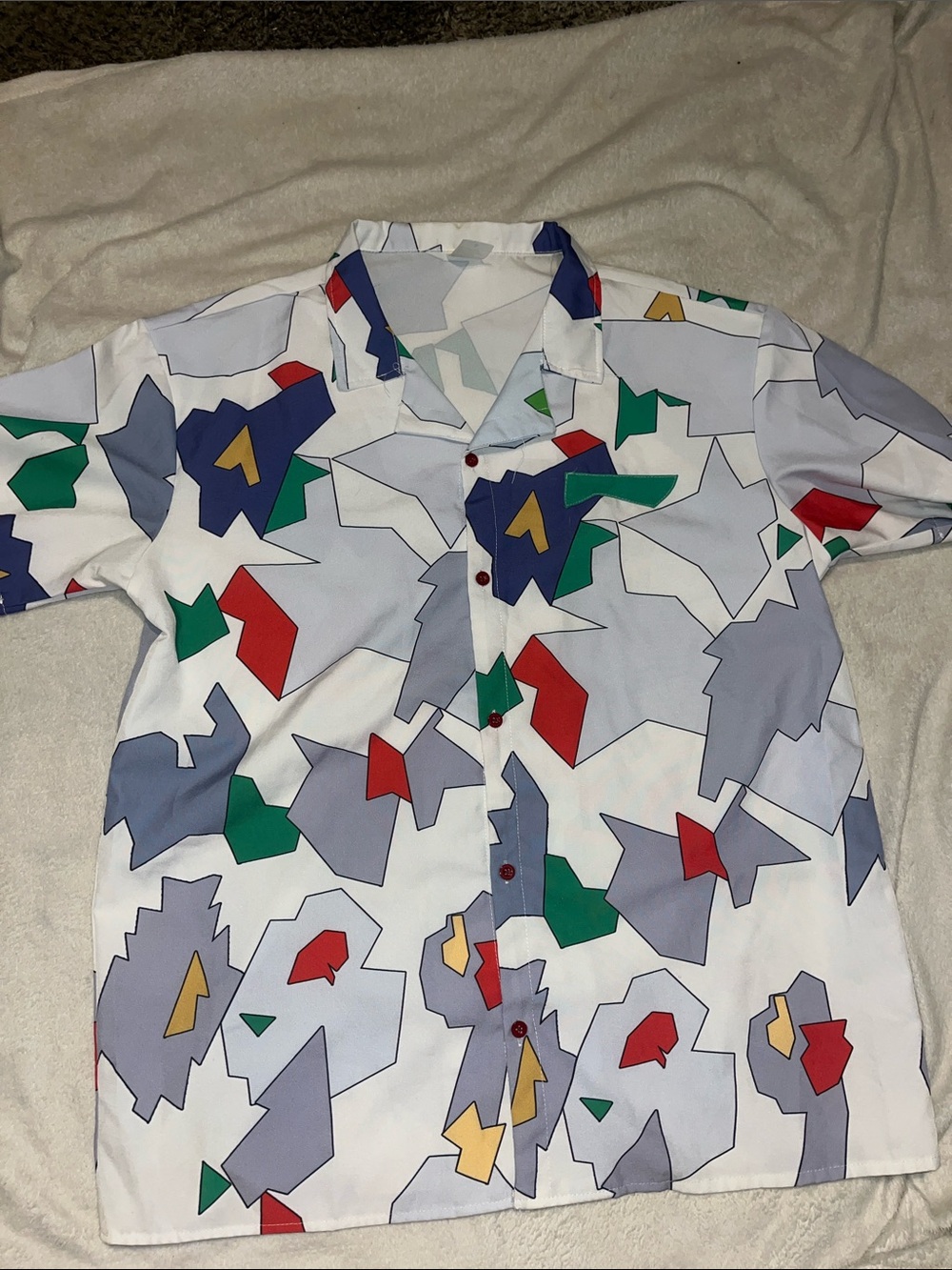 Abstract Geo-Print Short Sleeve Shirt - White with Red, Green & Gray